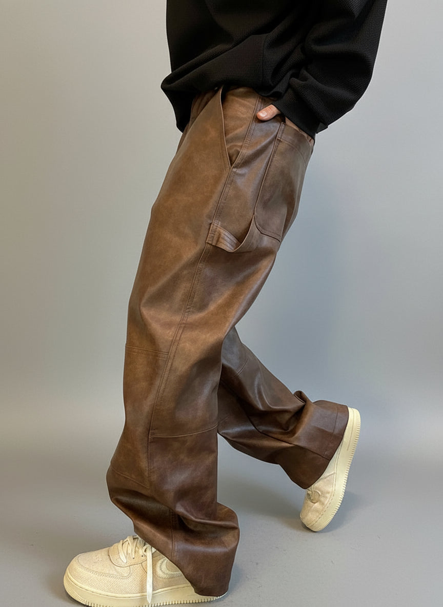 Mauroicardi Men's Wide Leg Pants | Soft PU Leather, Distressed Design 1