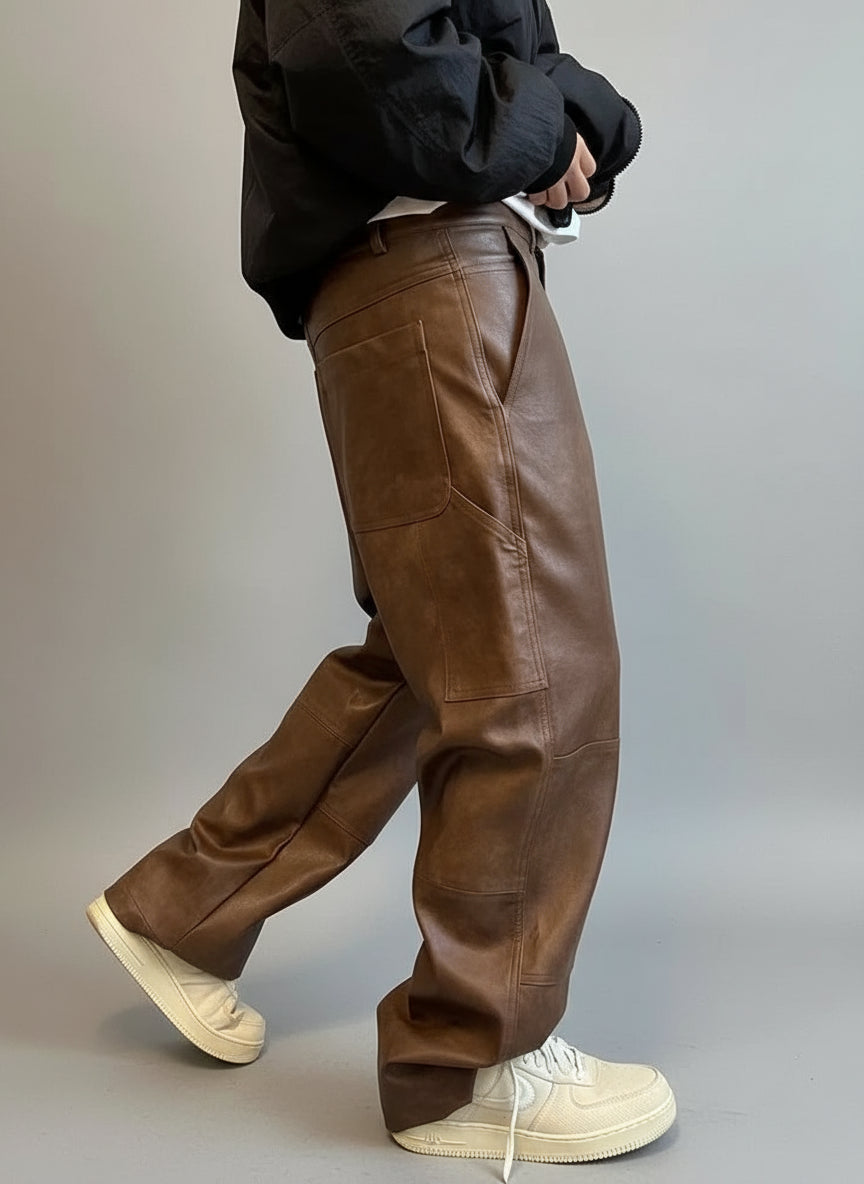 Mauroicardi Men's Wide Leg Pants | Soft PU Leather, Distressed Design 2