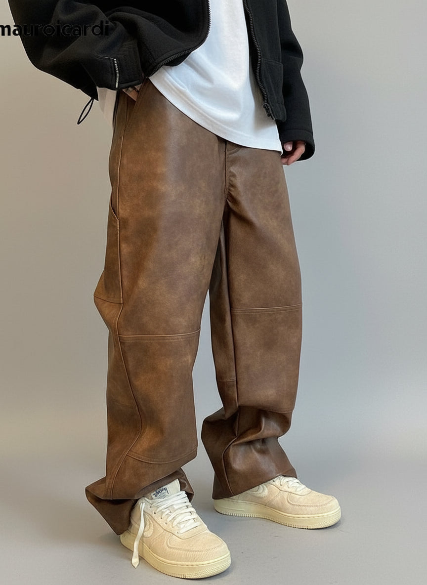 Mauroicardi Men's Wide Leg Pants | Soft PU Leather, Distressed Design 3