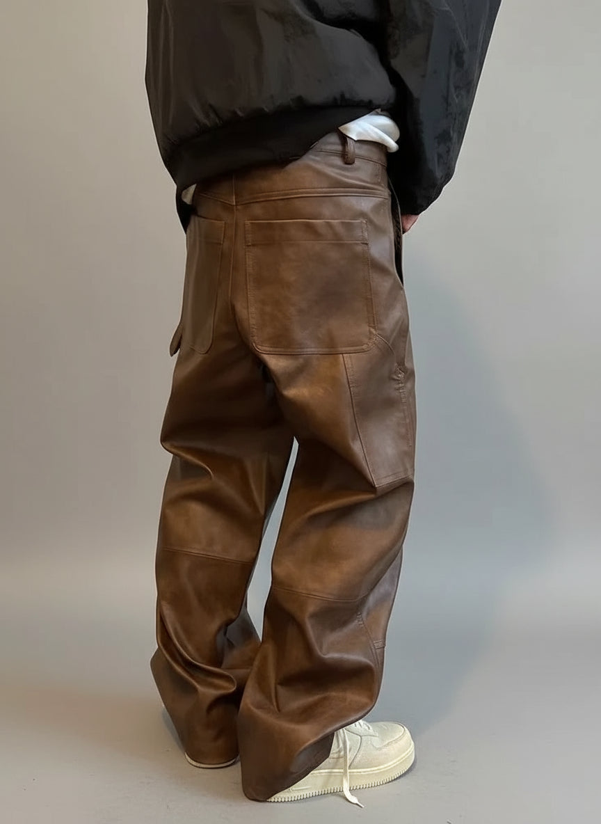 Mauroicardi Men's Wide Leg Pants | Soft PU Leather, Distressed Design 4