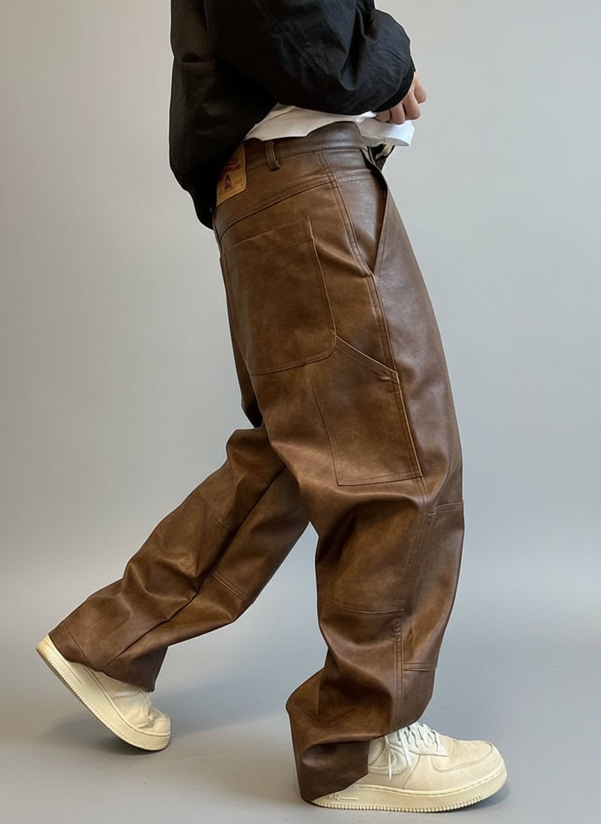 Mauroicardi Men's Wide Leg Pants | Soft PU Leather, Distressed Design 5