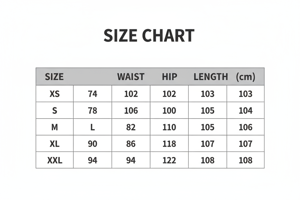 create a size chart with this information :Available Sizes: XS, S, M, L, XL, XXL
Waist : XS 74cm, S 78cm, M 82cm, L 86cm, XL 90cm, XXL 94cm
Hip : XS 102cm, S 106cm, M 110cm, L 114cm, XL 118cm, XXL 122cm
Length : XS 103cm, S 104cm, M 105cm, L 106cm, XL 107cm, XXL 108cm