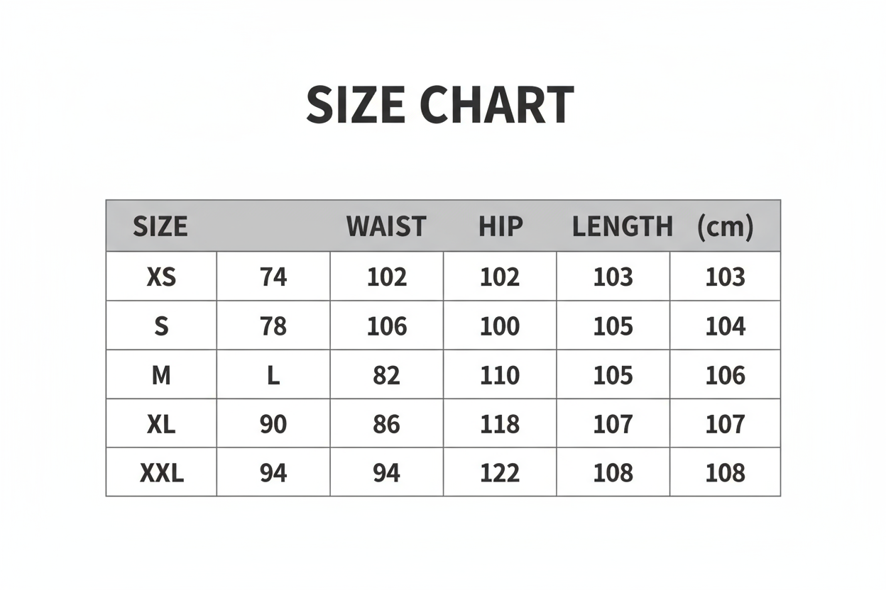 create a size chart with this information :Available Sizes: XS, S, M, L, XL, XXL
Waist : XS 74cm, S 78cm, M 82cm, L 86cm, XL 90cm, XXL 94cm
Hip : XS 102cm, S 106cm, M 110cm, L 114cm, XL 118cm, XXL 122cm
Length : XS 103cm, S 104cm, M 105cm, L 106cm, XL 107cm, XXL 108cm